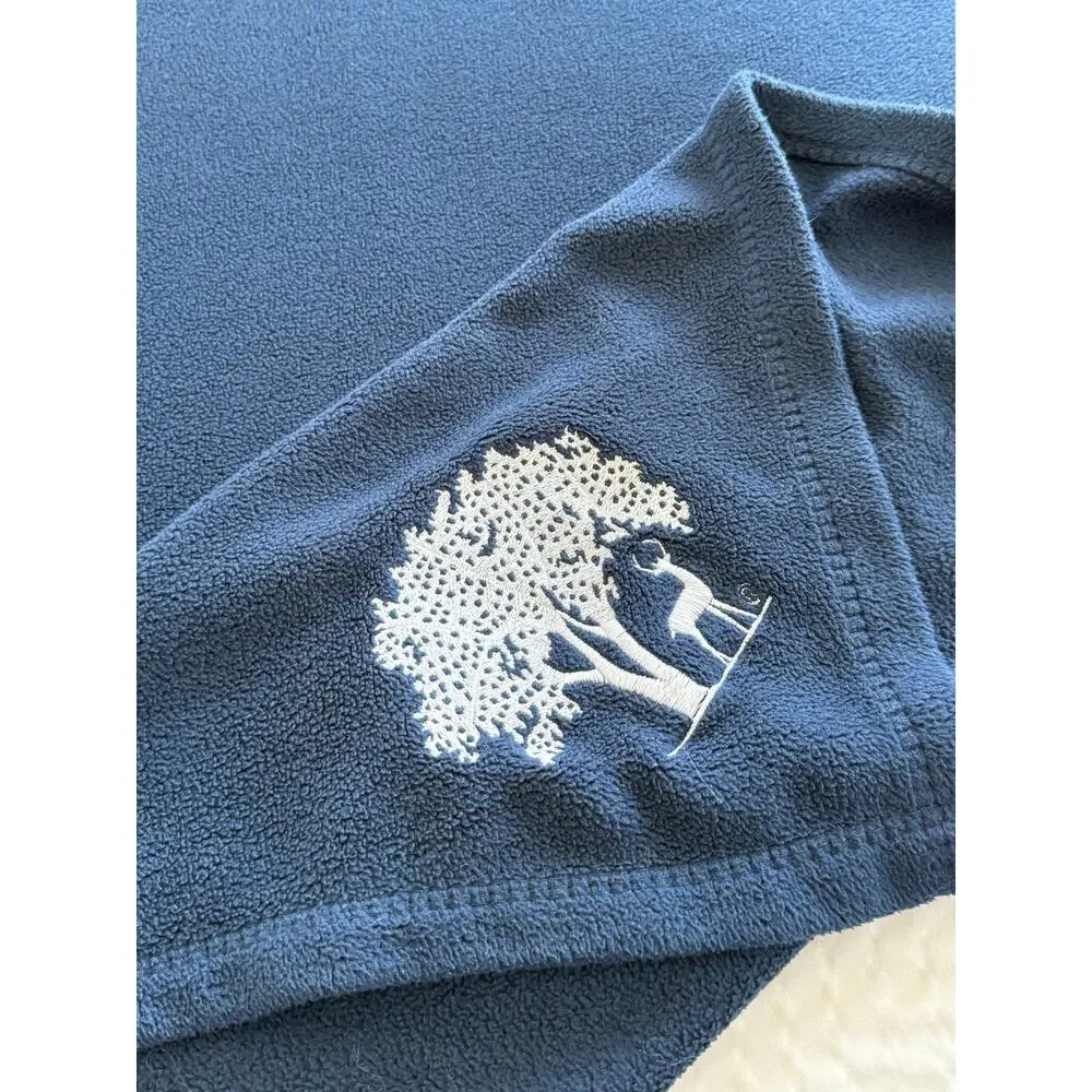 Deer Cabin Lodge Plush Fleece Blanket SZ Double Queen Berkshire Navy Embroidered